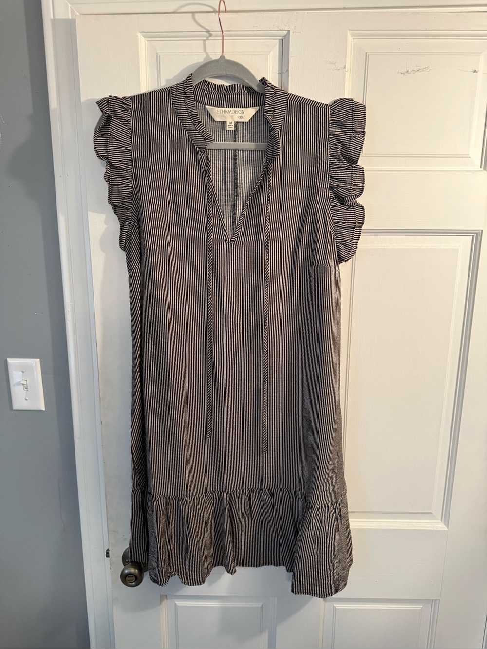 Striped Ruffle Sleeve Mini Dress - Black & Cream